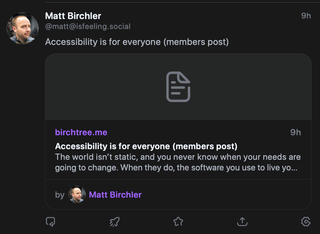 A screenshot of an example post that has an excerpt of the linked post, instead of the blog description. The referenced post is this one: isfeeling.social/@matt/113...