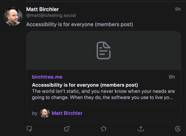 A screenshot of an example post that has an excerpt of the linked post, instead of the blog description. The referenced post is this one: [isfeeling.social/@matt/113...](https://isfeeling.social/@matt/113472646838404913)