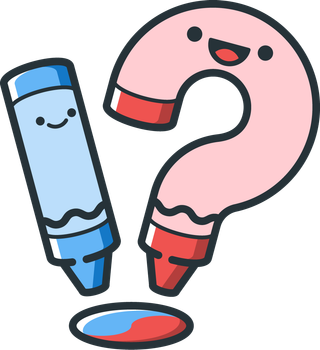 A logo made up of two crayons with smiling faces, one is shaped like a question mark.