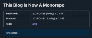 A screenshot showing an example of the new blog post metadata box. The box is a table with Published, Updated and Tags rows for the post "This Blog Is Now A Monorepo"