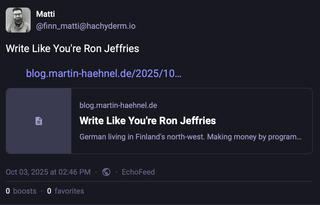 A screenshot showing a cross posted link to my Ron Jeffries article. It shows that my "preview card" for the blog post includes the blog's blurb instead of a description of the post or at least it's first few words.