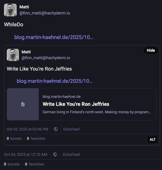 A screenshot showing a cross posted link to my WhileDo article. This one has an image attached which makes it look like these two posts are somehow nested within each other.
